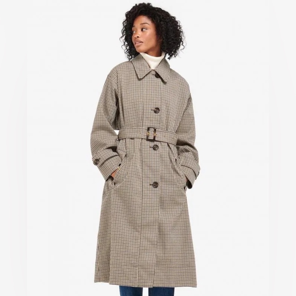 BARBOUR Somerland Belted Checked Cotton-blend Trench Coat Size 10 New - Picture 2 of 16